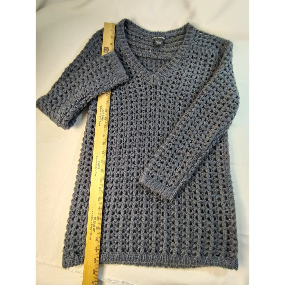 Chelsea & Theodore Blue Gray Open Knit Crochet V-Neck Pullover Boho Sweater Sz L